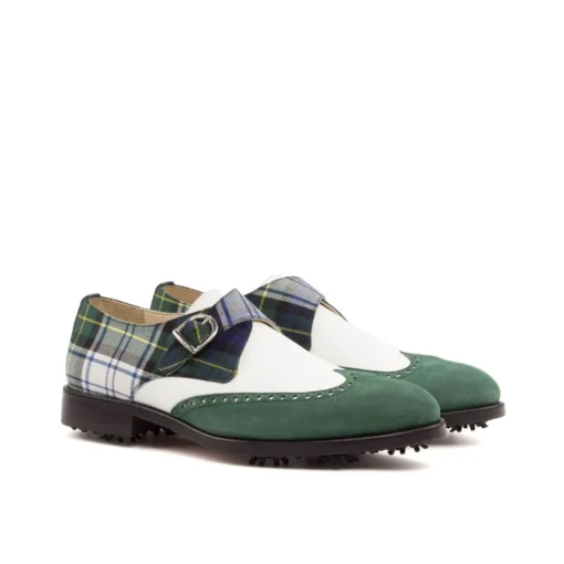 Men's Green Tartan & White Leather Single Monk Strap Golf Shoes